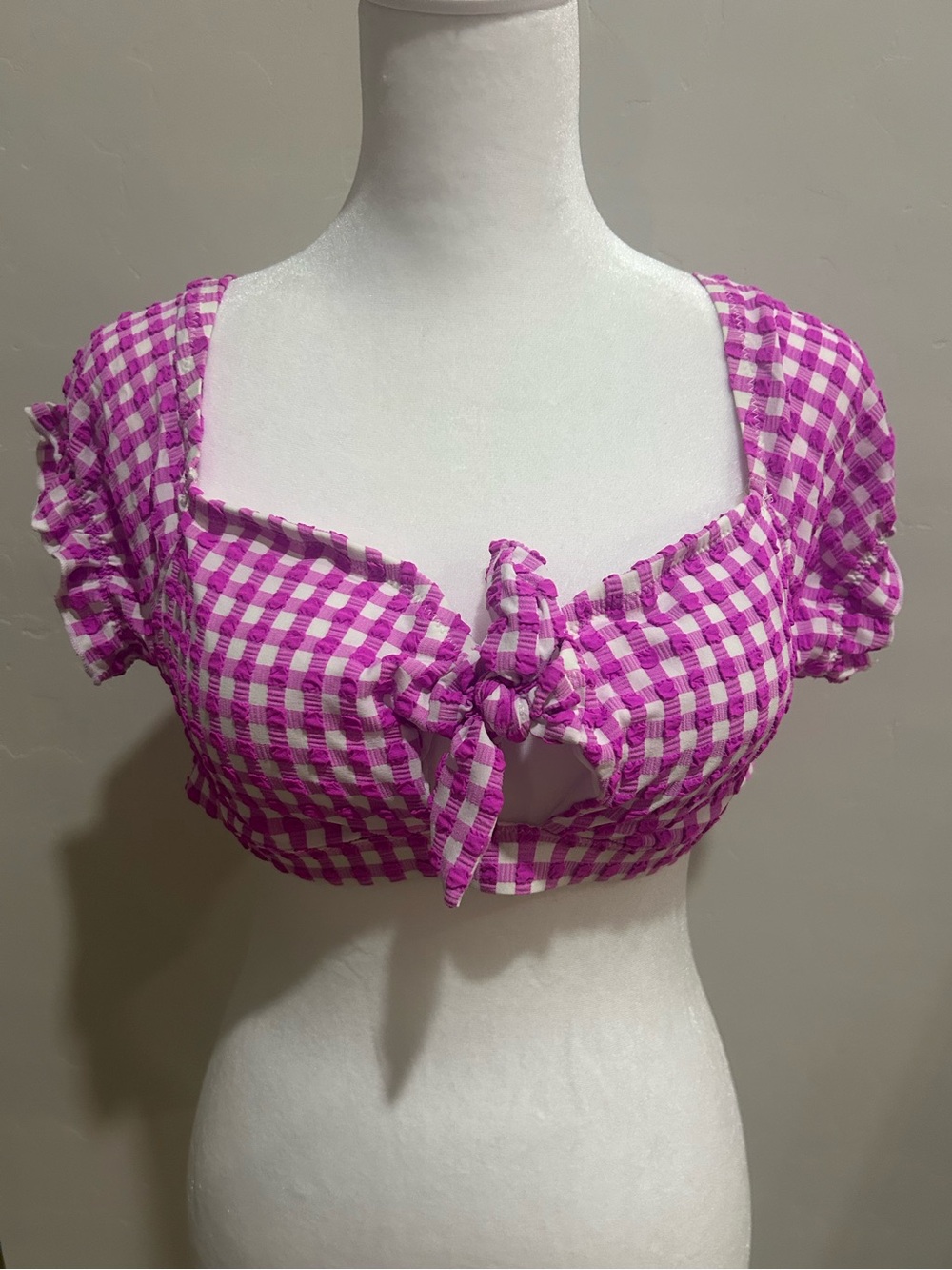 Jessica Simpson Pink Gingham Puff Sleeve Swimsuit Top Size M - NWT!